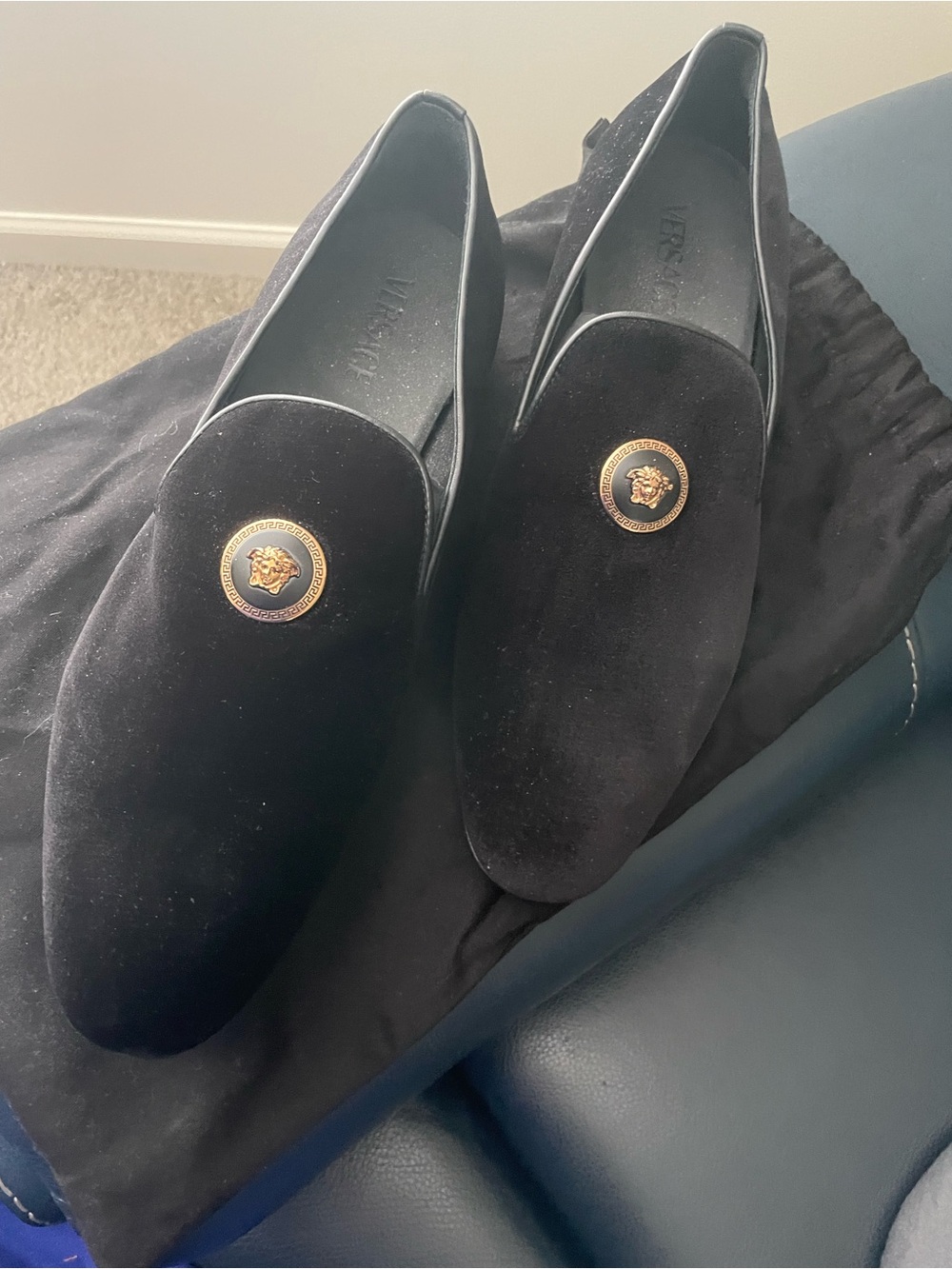 Versace Black Velvet Slip-On Loafers with Gold Medusa Button